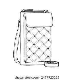 Small Cross body Cell Phone Purse for Women  Line art, outline vector doodle illustration front view, isolated on white background