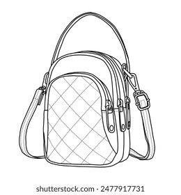 Small Cross body Phone Bag for Women Quilted Purse Line art, outline vector doodle illustration front view, isolated on white background