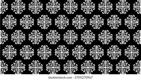 Pequeños motivos en forma de cruz que crean un patrón decorativo en blanco y negro que se repite sin fisuras.