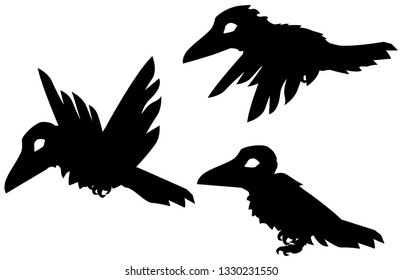 Small crow cartoon character black silhouettes actions set, vector illustration, horizontal, isolated, over white