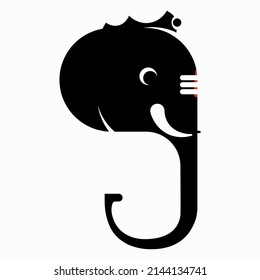 Small crowned cute Ganesha or Ganesh god head with red tilak represented in the form of letter g in black with isolated white background. Hindu elephant head icon.