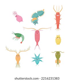 Small crustaceans tiny microscopic representatives of marine zooplankton cute funny characters set, flat cartoon vector illustration isolated on white background.