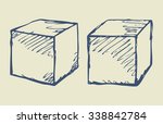 Small cubes in different angles isolated on white backdrop. Freehand outline ink hand drawn draft sketchy in art scribble retro style pen on paper. View closeup with space for text
