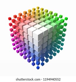 small cubes makes color gradient in shape of big cube. smaller cubes on corners. color theory concept. 3d style vector illustration. suitable for any banner, ad, technology and abstract themes.