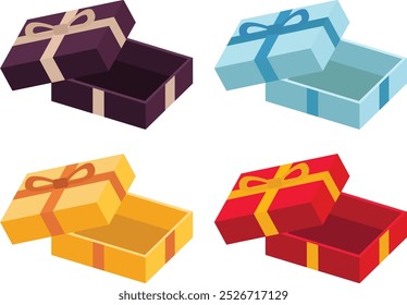 Small Cuboid Opened Gift Box with Four Colors on White Background