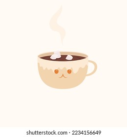 A small cup of cappuccino coffee with steam and marshmallows. Decor for Christmas and New Year for stickers and web. Festive vector illustration in flat cartoon style