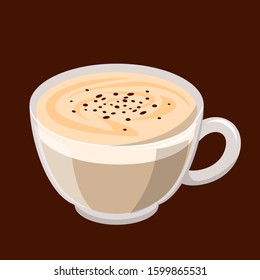 Small cup of capuccino vector isolated. Tasty hot coffee and white milk foam with cinnamon. Brown drink for breakfast.