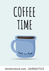 A small cup of coffee on a light background, coffee time. Suitable for postcards, posters, banners, web graphics, gift cards. Vector in minimalist style