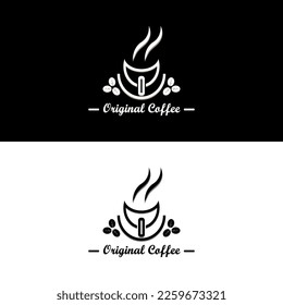 La taza pequeña de taza de taza y el frijol de café se espolvorea alrededor de ella en forma de triángulo para el logo clásico de la cafetería