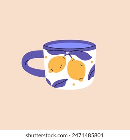 Small cup with pattern of lemons. Design of white porcelain mug with blue handle and fruit print. Cute teacup, tableware for tea, hot drinks, beverages, water. Flat isolated vector illustration