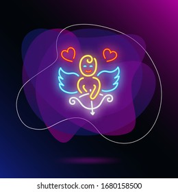 Small cupid angel neon sign. Glowing angel holding love bow on brick wall background. Vector illustration can be used for love, romantic, Saint Valentines day