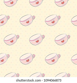 Small cups on yellow background, cute seamless pattern, vector illustration.