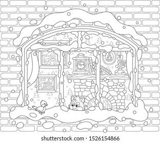 Small curious kitten looking through a window and watching a funny bird perched on a snow-covered windowsill on a frosty winter day, black and white vector illustration in a cartoon style