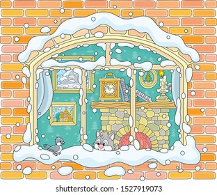 Small curious kitten looking through a window and watching a funny bird perched on a snow-covered windowsill on a frosty winter day, vector illustration in a cartoon style