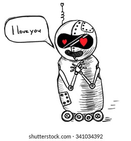 Small cut robot in love sketch. Robot says I love you.