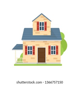 Small cute american house with blue roof and grass