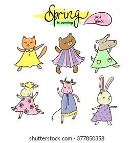 Small cute animals dancing and waiting for spring.