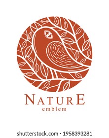 Small cute bird among leaves round floral vintage linear logo design template for perfume or fashion or salon logo isolated on white, elegant linear graphic design of nature beauty.