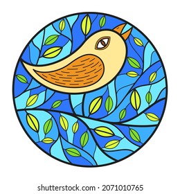 Small cute bird among leaves round floral vintage linear logo design template for perfume or fashion or salon logo isolated on white, elegant linear graphic design of nature beauty.