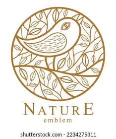 Small cute bird among leaves round floral vintage linear logo design template for perfume or fashion or salon logo isolated on white, elegant linear graphic design of nature beauty.