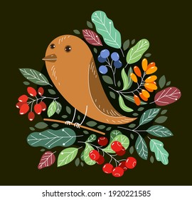 Small cute bird on a branch surrounded by wild berries and leaves vector flat style illustration on dark background, beauty of nature concept, natural food vegetation.