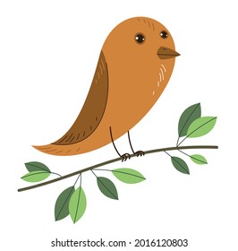 Small cute bird on a branch surrounded by leaves vector flat style illustration isolated on white background, beauty of nature concept.
