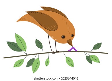 Small cute bird on a branch surrounded by leaves vector flat style illustration isolated on white background, beauty of nature concept.