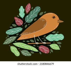 Small cute bird on a branch surrounded by leaves vector flat style illustration on dark background, beauty of nature concept.
