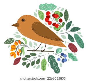 Small cute bird on a branch surrounded by wild berries and leaves vector flat style illustration isolated on white background, beauty of nature concept, natural food vegetation.