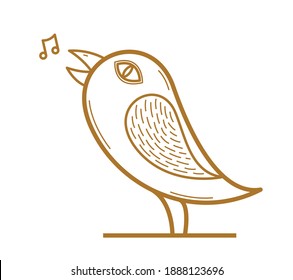 Small cute bird singing birdsong linear vector illustration isolated on white, line art illustration of cartoon.