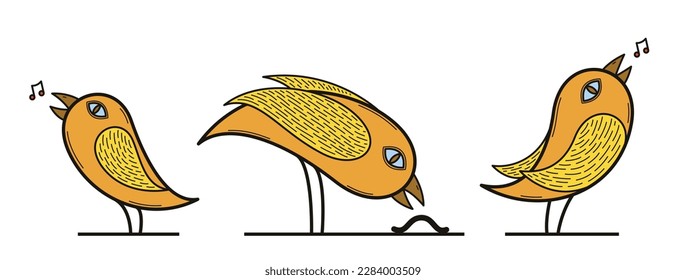 Small cute bird singing birdsong linear vector illustration isolated on white, line art illustration of cartoon birdie.