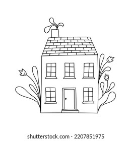 Pequeña casa de doodle blanca y negra con elementos florales. Colorido de la página.