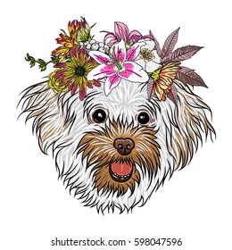 Small, cute Bolognese puppy girl wearing exotic floral wreath. Friendly doggy portrait with flowers. Vector illustration.