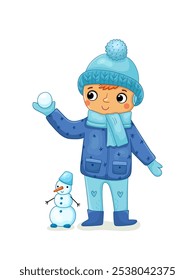 Ein kleiner, süßer Junge Charakter hält einen aufgerollten Ball Schnee, Schneeball, mit einem Schneemann, der an seinen Füßen steht. Vektorgrafik im Cartoonstil mit einem Kind.