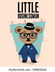 A small cute businessman a bear in a blue suit and a black hat. Vector illustration.