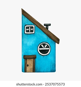 Small cute cartoon blue house isolated on white background. Watercolor stylized children's illustration drawn by hand. Cozy small wooden cottage in Scandinavian style. Fishing village. Vector