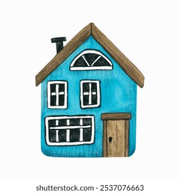 Small cute cartoon blue house isolated on white background. Watercolor stylized children's illustration drawn by hand. Cozy small wooden cottage in Scandinavian style. Fishing village. Vector