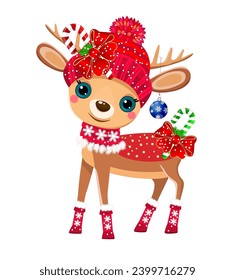 A small cute cartoon deer dressed in a red knitted hat and decorated with Christmas balls, bows, and candies.