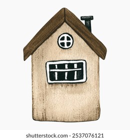 Small cute cartoon grey house isolated on white background. Watercolor stylized children's illustration drawn by hand. Cozy small wooden beige cottage in Scandinavian style. Fishing village. Vector