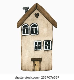 Small cute cartoon grey house isolated on white background. Watercolor stylized children's illustration drawn by hand. Cozy small wooden beige cottage in Scandinavian style. Fishing village. Vector