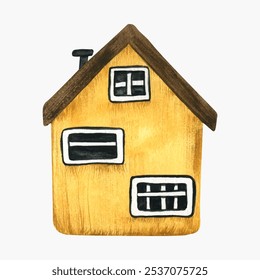 Small cute cartoon yellow house isolated on white background. Watercolor stylized children's illustration drawn by hand. Cozy small wooden cottage in Scandinavian style. Fishing village. Vector