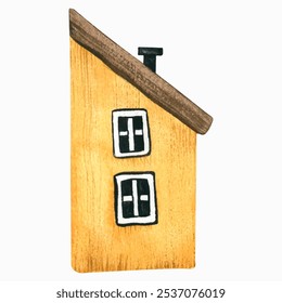 Small cute cartoon yellow house isolated on white background. Watercolor stylized children's illustration drawn by hand. Cozy small wooden cottage in Scandinavian style. Fishing village. Vector