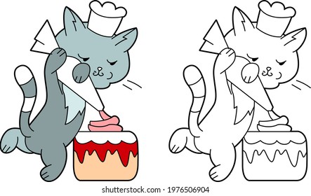 Small cute cat decorating birthday cake with cream. Illustration with pretty pet kitten on white background. Picture can be used for coloring books for children