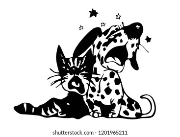 Small cute cat and dog are singing a songs. 