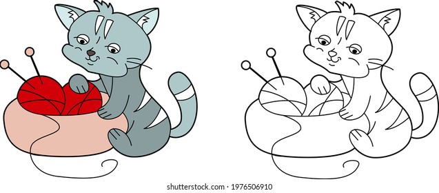 Small cute cat sitting near balls of wool. Illustration with pretty pet kitten on white background. Picture can be used for coloring books for children
