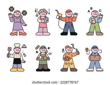 Small and cute characters. Collection of people in uniforms for seniors job welfare. outline simple vector illustration.