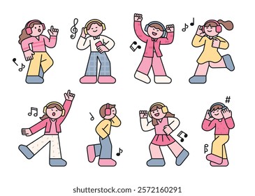 Small and cute characters are happily dancing while listening to music.