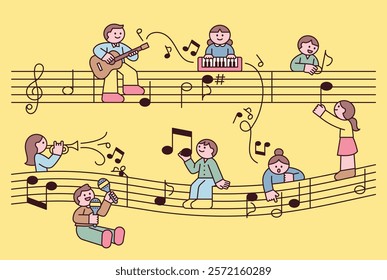 Small and cute characters are playing instruments and holding a concert on a musical staff.