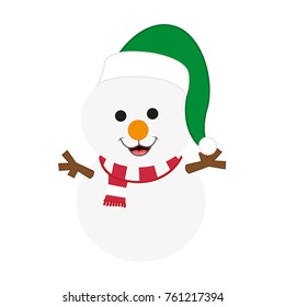 small cute christmas winter weather holidays snowman symbol wearing a green and white santa clause hat and a striped red scarf with its arms wide open 