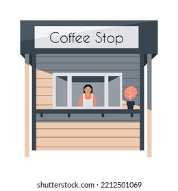 Small and cute coffee booth for selling hot drinks and snacks with smiling female barista inside. Isolated vector illustration